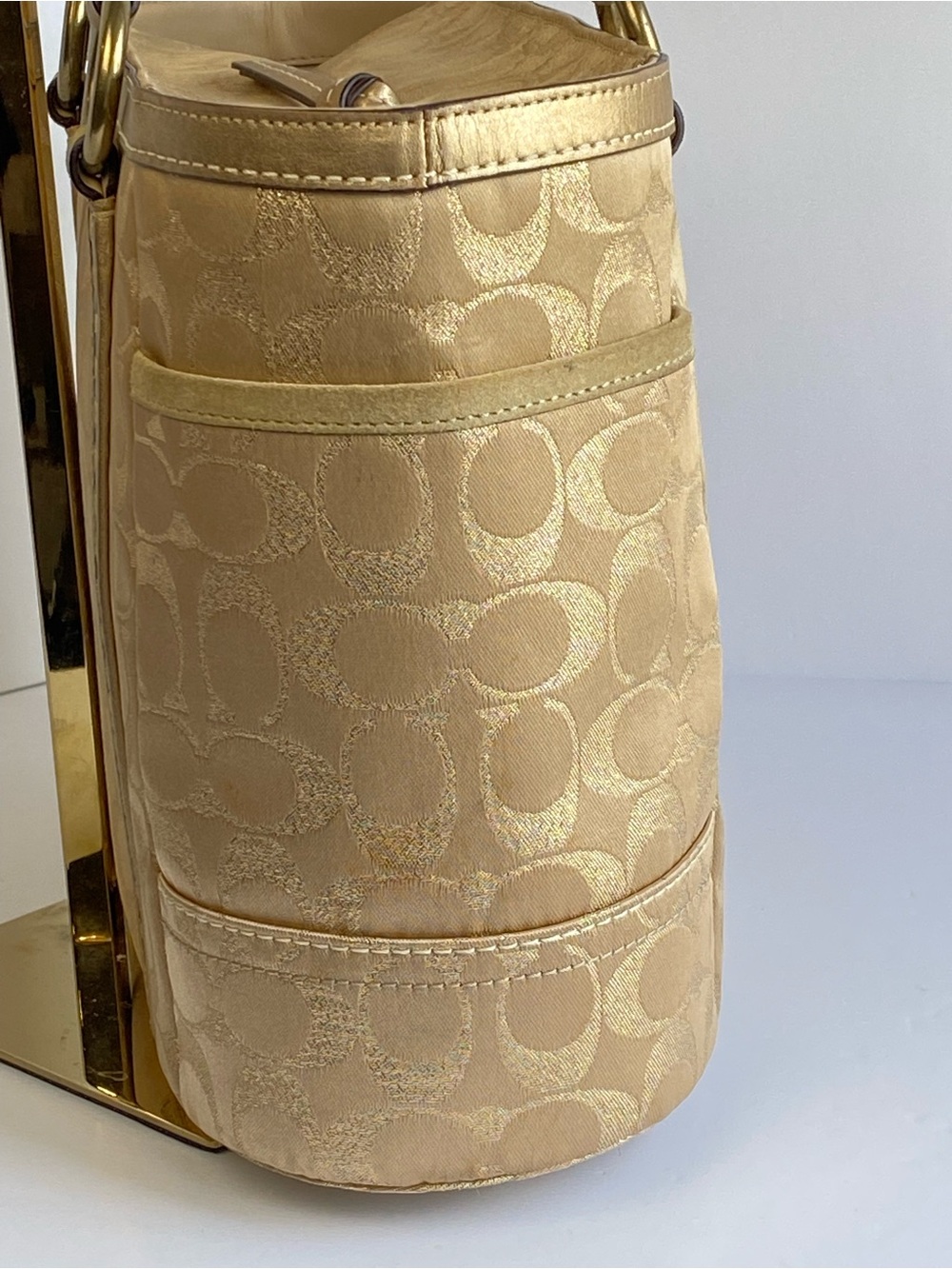 Coach Studded Signature Jacquard Gold Metallic Signature Tote with Suede Trim - Picture 7 of 17